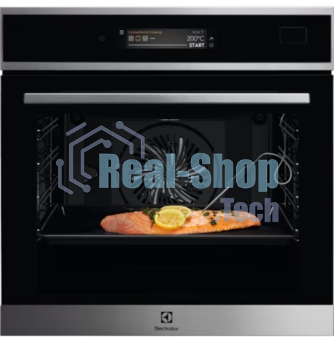 Встраиваемый духовой шкаф Electrolux EOE9P3XT электрический с конвекцией, объем 72 л, 17 режимов, очистка паровая, 3 стекла в дверце, направляющие проволочные + телескопические (1 уровень),черное стекло и черный матовый,термозонд
