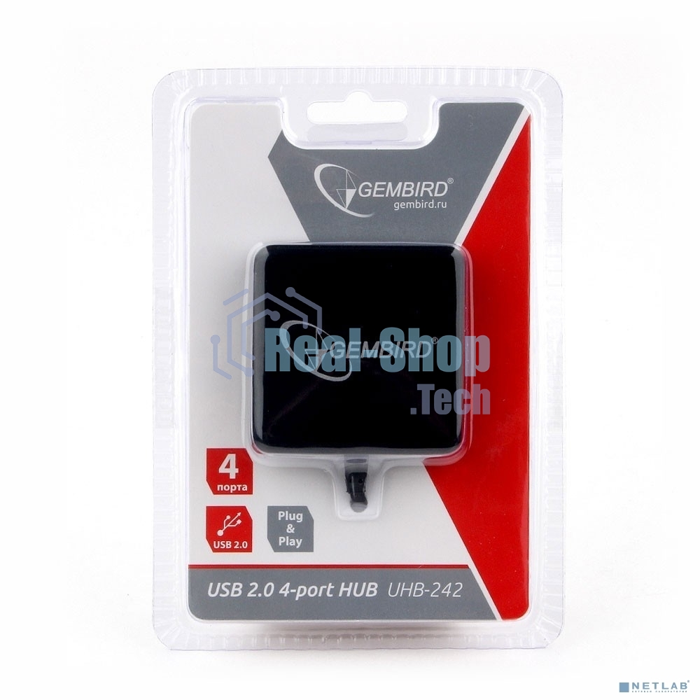 USB-концентратор USB 2.0 Gembird UHB-242, 4 порта, блистер, черный