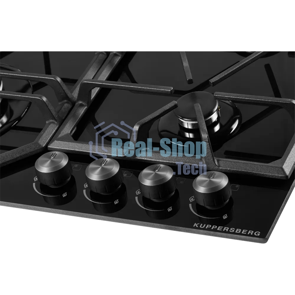 Газовая варочная панель Kuppersberg FG 62 B Газовая варочная поверхность, закаленное стекло, ширина 60 см, 4 газовые конфорки, WOK конфорка(3,8 кВт), автоподжиг, газ-контроль, чугунные решетки, черный