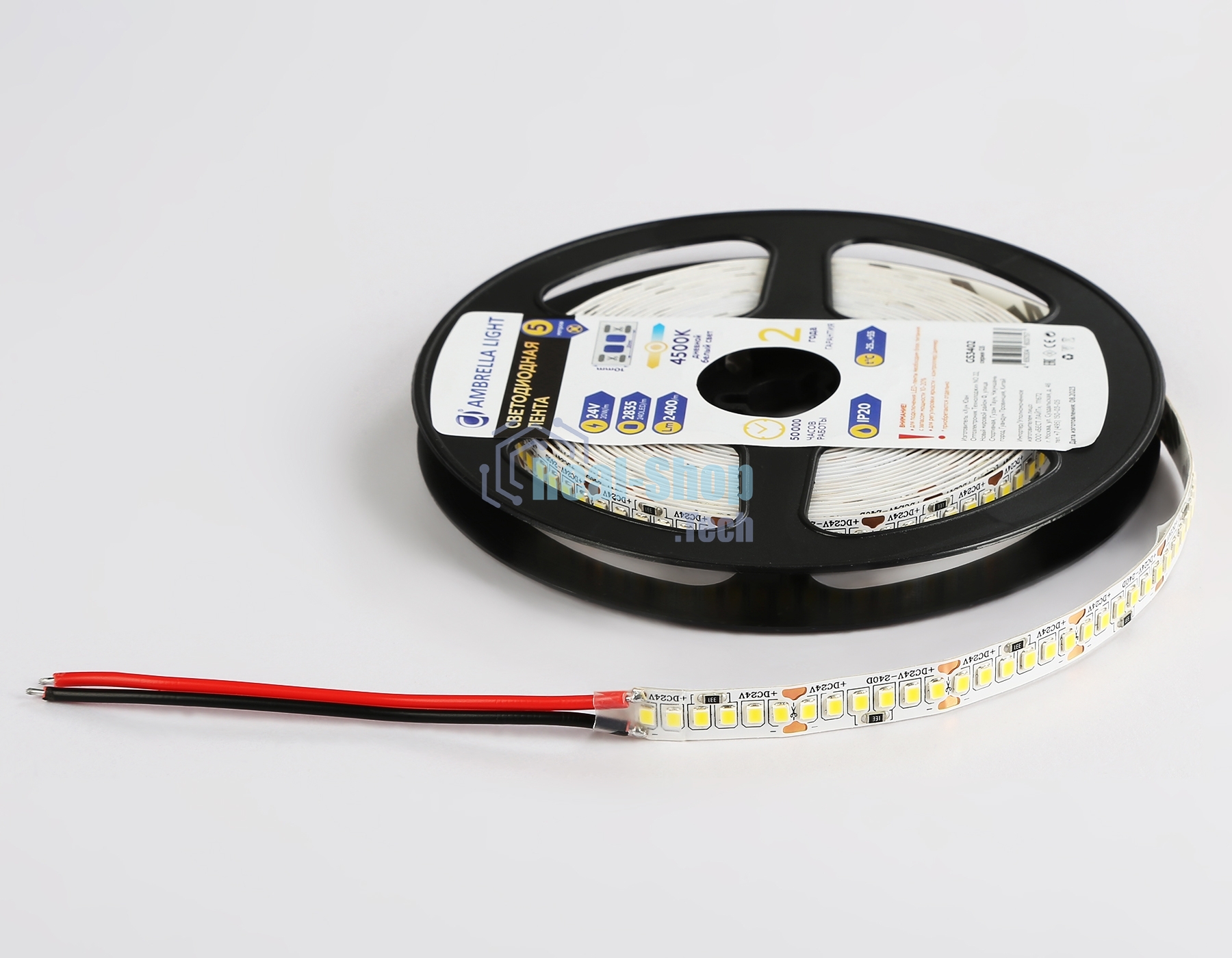 Светодиодная лента Ambrella light GS3402 2835 240Led/ 20W m/ 24V IP20 4500K/ 5000*10*1.2mm (2 конт.)