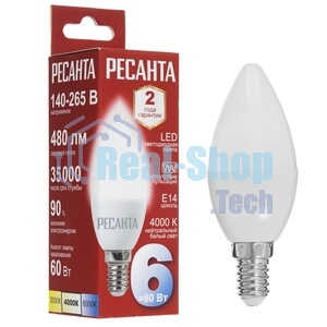 Лампа светодиодная Ресанта LL-R-C37-6W-230-4K-E14 свеча, 6 Вт, нейтр., Е14
