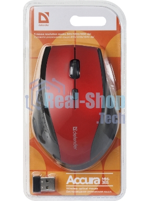 Мышь беспроводная Defender Accura MM-365 красный, 1600 dpi, радиоканал, USB, кнопки - 6