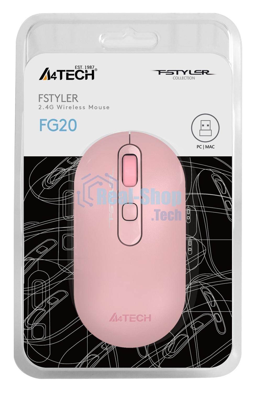 Мышь беспроводная A4Tech Fstyler FG20 розовый, 2000 dpi, радиоканал, USB, кнопки - 4