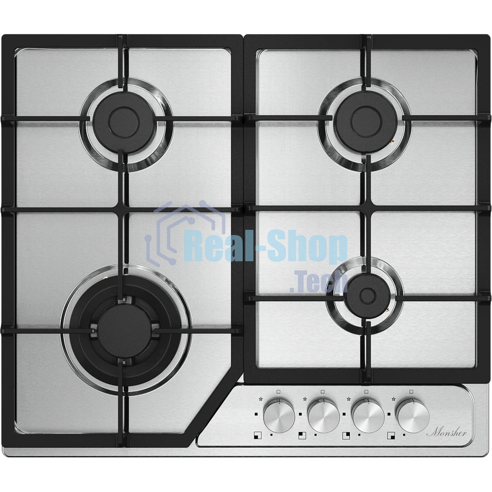 Варочная поверхность MONSHER MSG 63 Acier, газ, High-Tech, 58 см, автоматический электроподжиг, газ-контроль, форсунки под сжиженый газ, SABAF конфорки, чугунные решетки, нержавеющая сталь