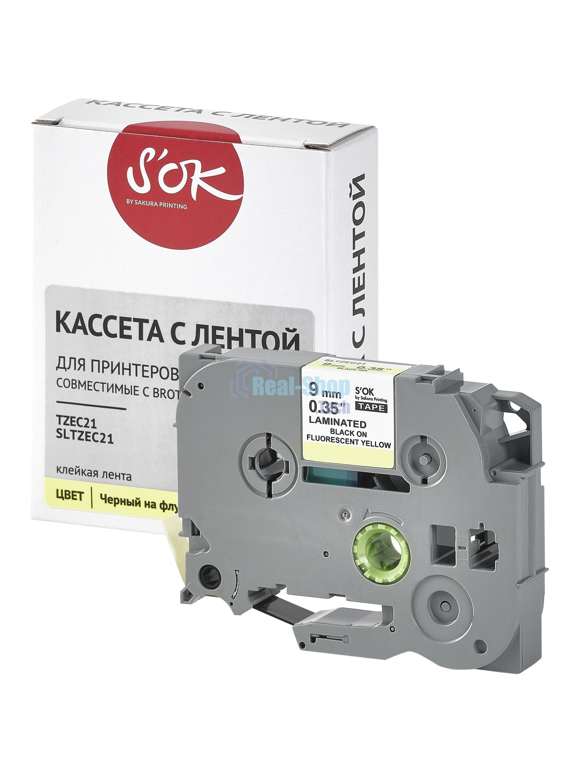 Кассета с лентой S'OK by Sakura Printing TZEC21 для Brother, черный на желтом, 9мм/8м, наклейка