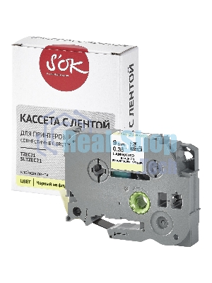 Кассета с лентой S'OK by Sakura Printing TZEC21 для Brother, черный на желтом, 9мм/8м, наклейка
