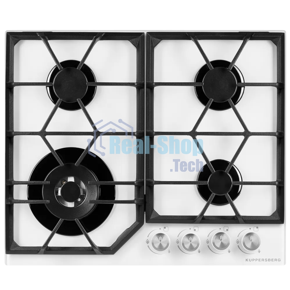 Газовая варочная панель Kuppersberg FG 62 W Газовая варочная поверхность, закаленное стекло, ширина 60 см, 4 газовые конфорки, WOK конфорка(3,8 кВт), автоподжиг, газ-контроль, чугунные решетки, белый