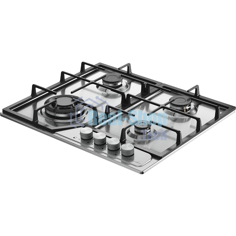 Варочная поверхность MONSHER MSG 63 Acier, газ, High-Tech, 58 см, автоматический электроподжиг, газ-контроль, форсунки под сжиженый газ, SABAF конфорки, чугунные решетки, нержавеющая сталь