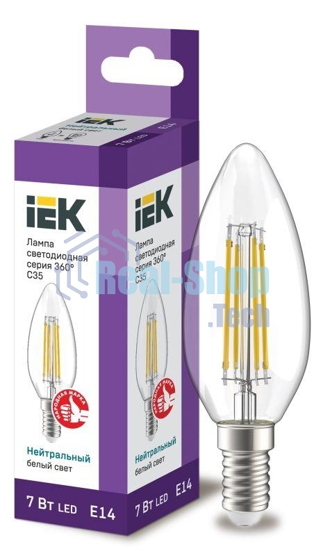 Лампа cветодиодная LED C35 IEK LLF-C35-7-230-40-E14-CL свеча прозр. 7Вт 230В 4000К E14 серия 360°