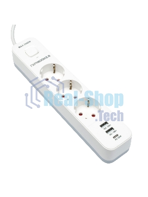 Сетевой фильтр Гарнизон EPS-3-CU2-W-2 2.0 Мультипорт 3 р, 10А, 1xType-C PD, 2 х USB QC, 2 м, ур.защиты 2+, белый, пак (21448)