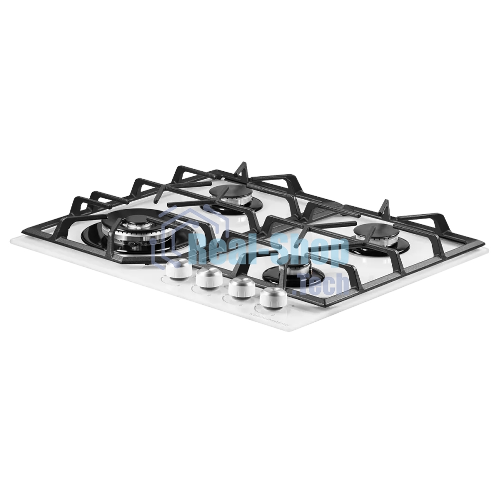 Газовая варочная панель Kuppersberg FG 62 W Газовая варочная поверхность, закаленное стекло, ширина 60 см, 4 газовые конфорки, WOK конфорка(3,8 кВт), автоподжиг, газ-контроль, чугунные решетки, белый