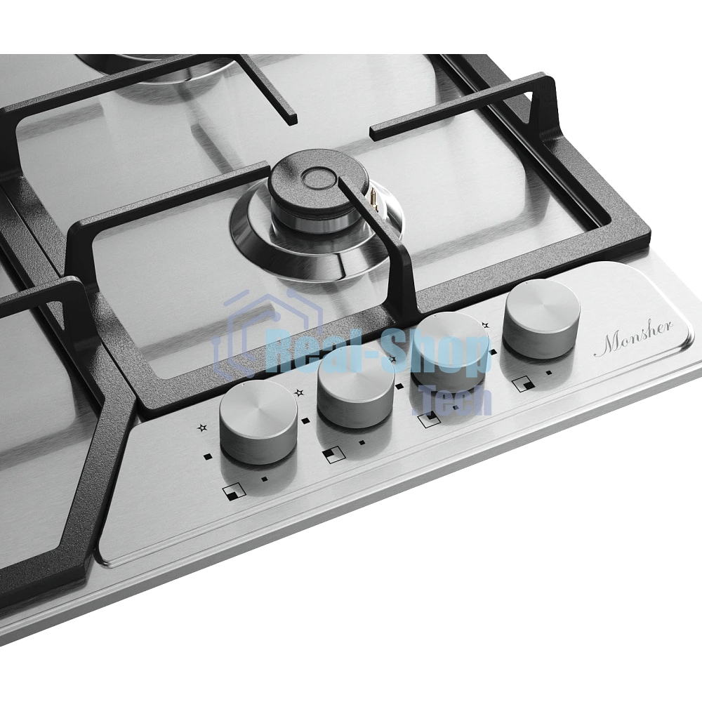 Варочная поверхность MONSHER MSG 63 Acier, газ, High-Tech, 58 см, автоматический электроподжиг, газ-контроль, форсунки под сжиженый газ, SABAF конфорки, чугунные решетки, нержавеющая сталь