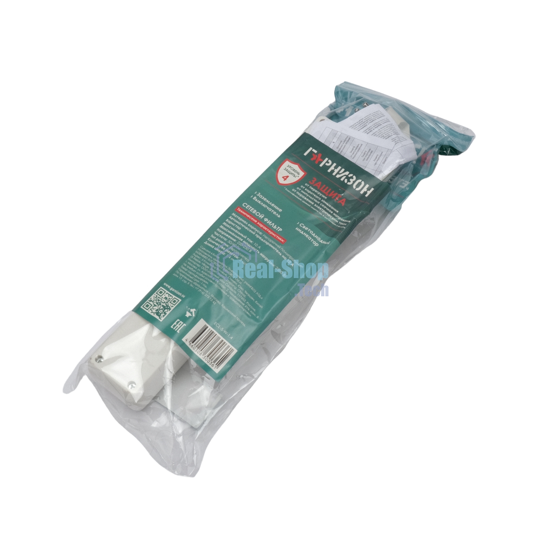 Сетевой фильтр Гарнизон ECL-5-W-1.4, 5 р, 10А, 1.4 м, ур.защиты 4, белый, пакет