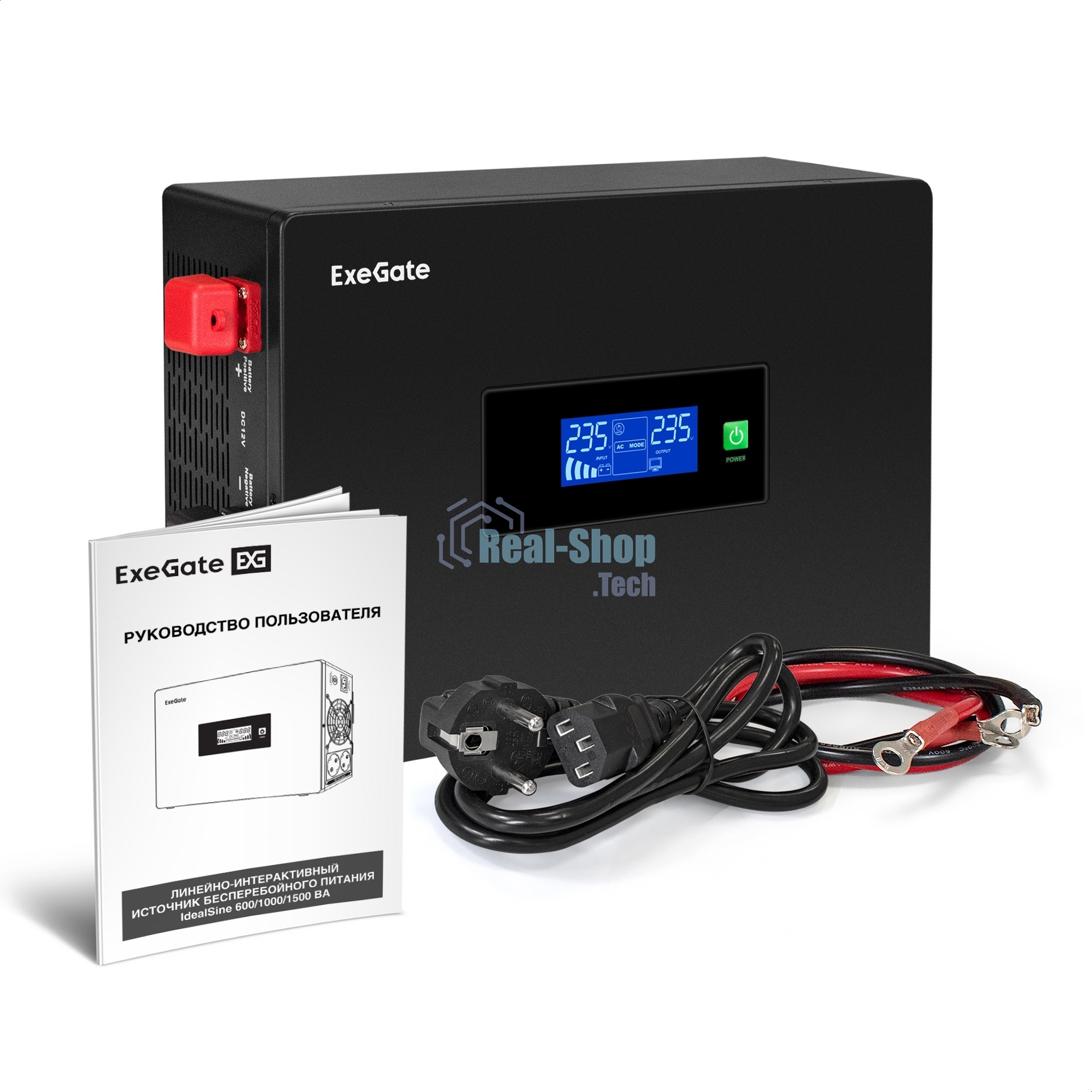 Комплект источника бесперебойного питания Exegate EX295993RUS + батарея 33Aч EX282974RUS 1шт (инвертор, синус, для котла, PF=1, настенный) ExeGate IdealSine SR-1000.LCD.2SH 1000VA/1000W, чистая синусоида, цветной LCD-дисплей, 2*Schuko, крепление настенное