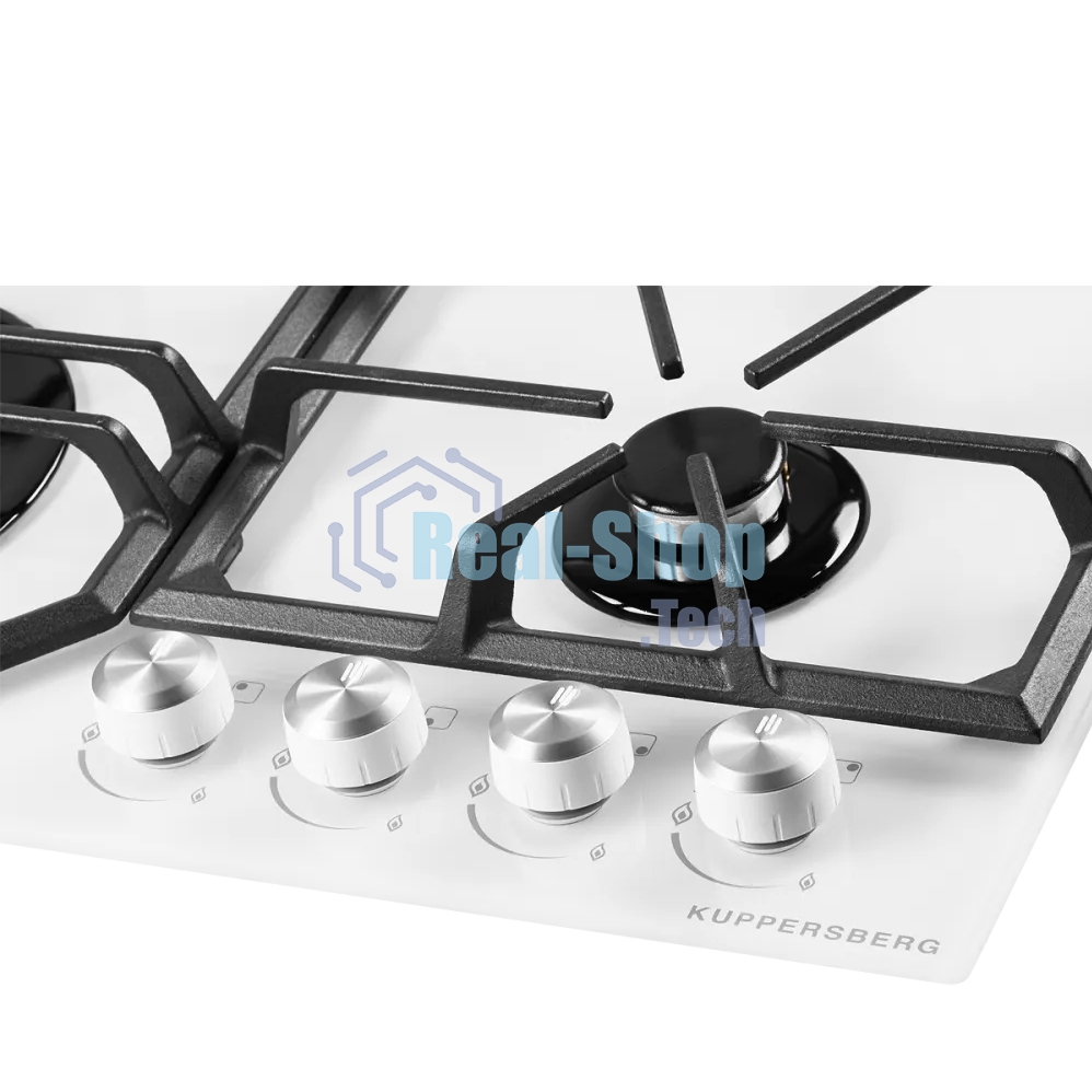 Газовая варочная панель Kuppersberg FG 62 W Газовая варочная поверхность, закаленное стекло, ширина 60 см, 4 газовые конфорки, WOK конфорка(3,8 кВт), автоподжиг, газ-контроль, чугунные решетки, белый