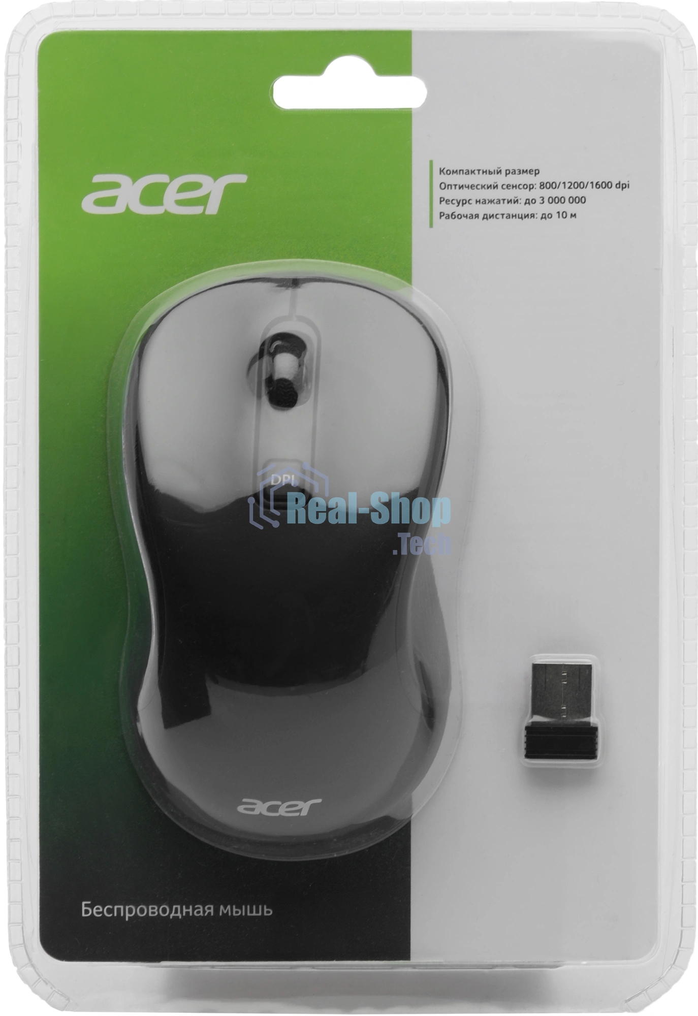 Мышь беспроводная Acer OMR303 черный, 1600 dpi, радиоканал, USB, кнопки - 6
