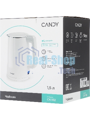 Чайник электрический Candy CK-102 белый, 1.5 л, 2200 Вт, скрытый нагревательный элемент