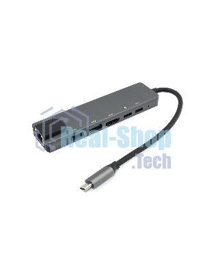 Адаптер Type-C на HDMI, USB 3.0*2 + RJ45 + Type-C*2, серый
