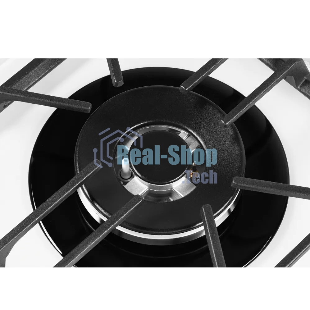 Газовая варочная панель Kuppersberg FG 62 W Газовая варочная поверхность, закаленное стекло, ширина 60 см, 4 газовые конфорки, WOK конфорка(3,8 кВт), автоподжиг, газ-контроль, чугунные решетки, белый