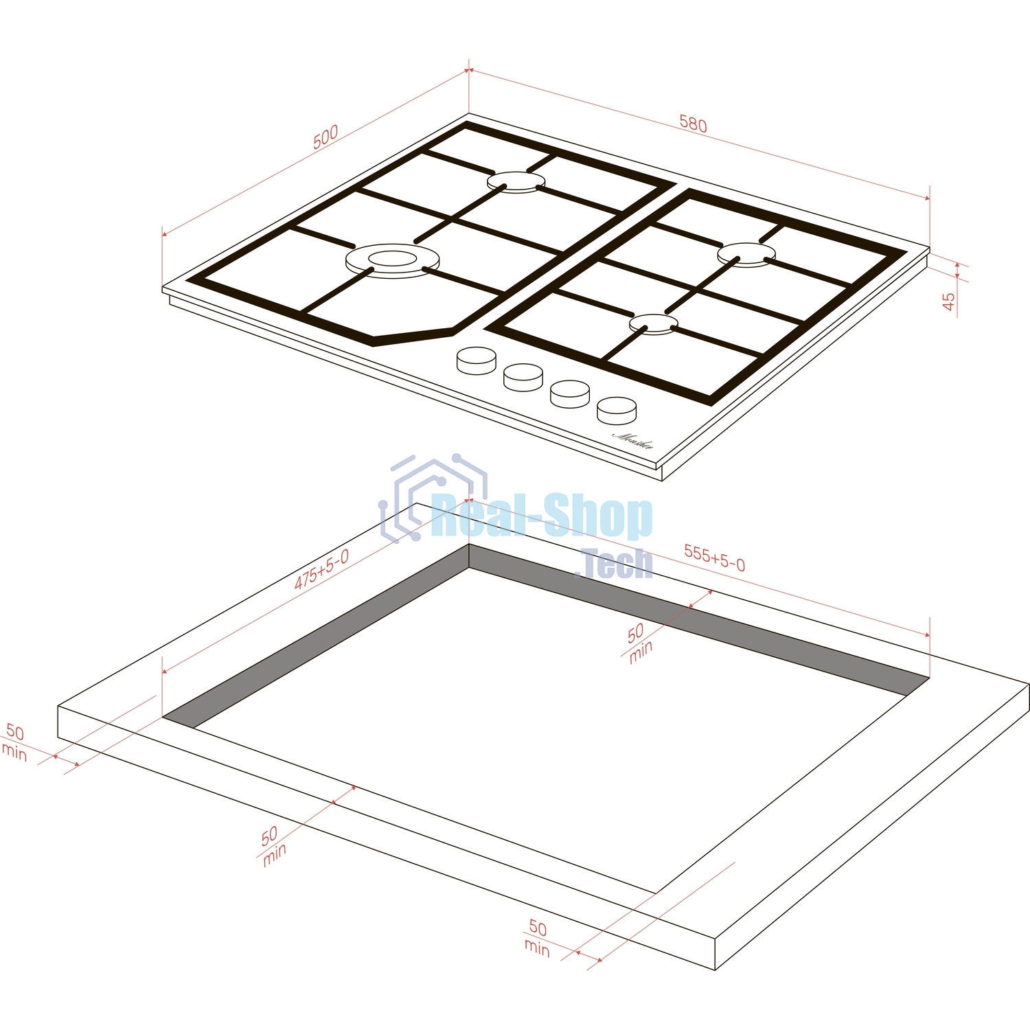 Варочная поверхность MONSHER MSG 63 Acier, газ, High-Tech, 58 см, автоматический электроподжиг, газ-контроль, форсунки под сжиженый газ, SABAF конфорки, чугунные решетки, нержавеющая сталь