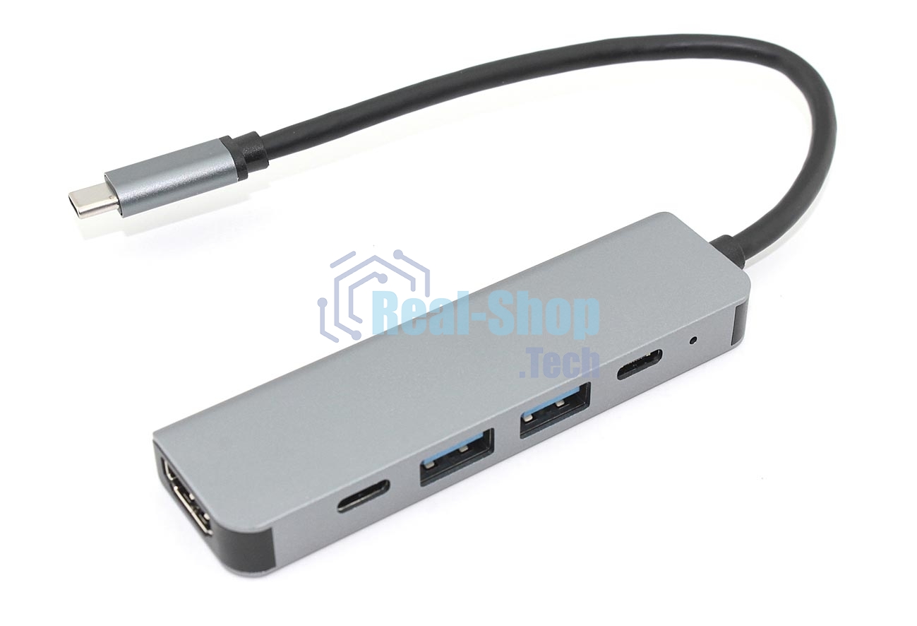 Адаптер Type-C на HDMI, USB 3.0*2 + 2 Type-C для MacBook, серый