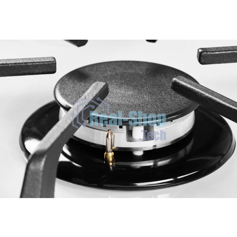 Газовая варочная панель Kuppersberg FG 62 W Газовая варочная поверхность, закаленное стекло, ширина 60 см, 4 газовые конфорки, WOK конфорка(3,8 кВт), автоподжиг, газ-контроль, чугунные решетки, белый