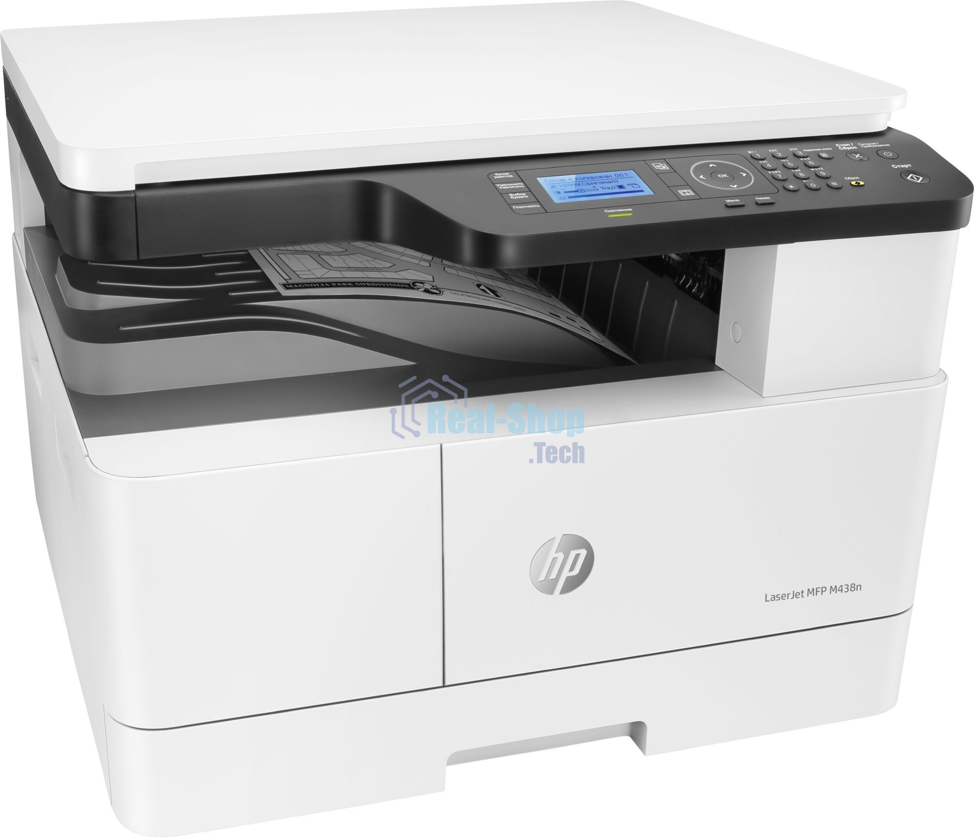 МФУ лазерное HP LaserJet MFP M438n (8AF43A), A3, ч/б, печ. до 22 стр/мин. (А4) до 12 стр/мин. (А3), 1200 x 1200 dpi (печать), 600x600dpi (скан.), USB, RJ-45