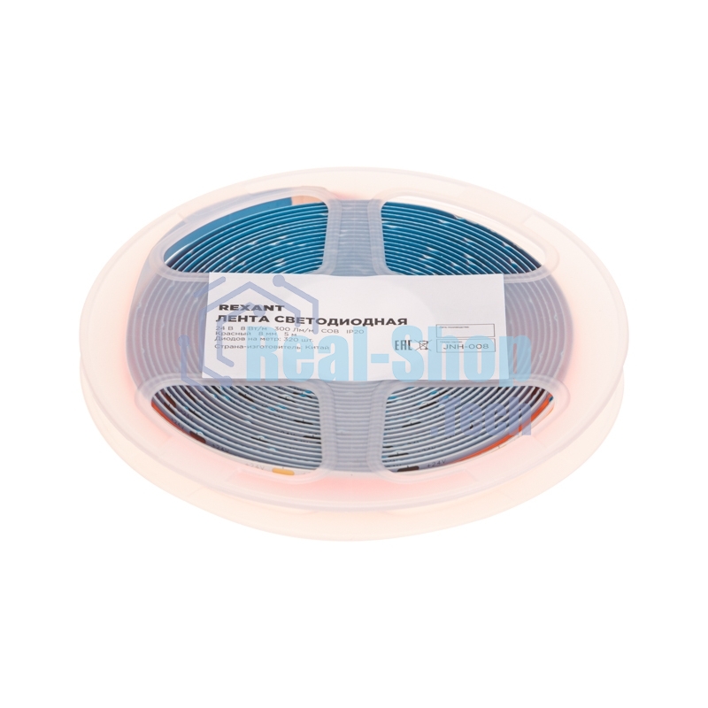 Лента светодиодная Rexant 24В, COB 8Вт/м, 320 LED/м, красный, 8мм, 5м, IP20