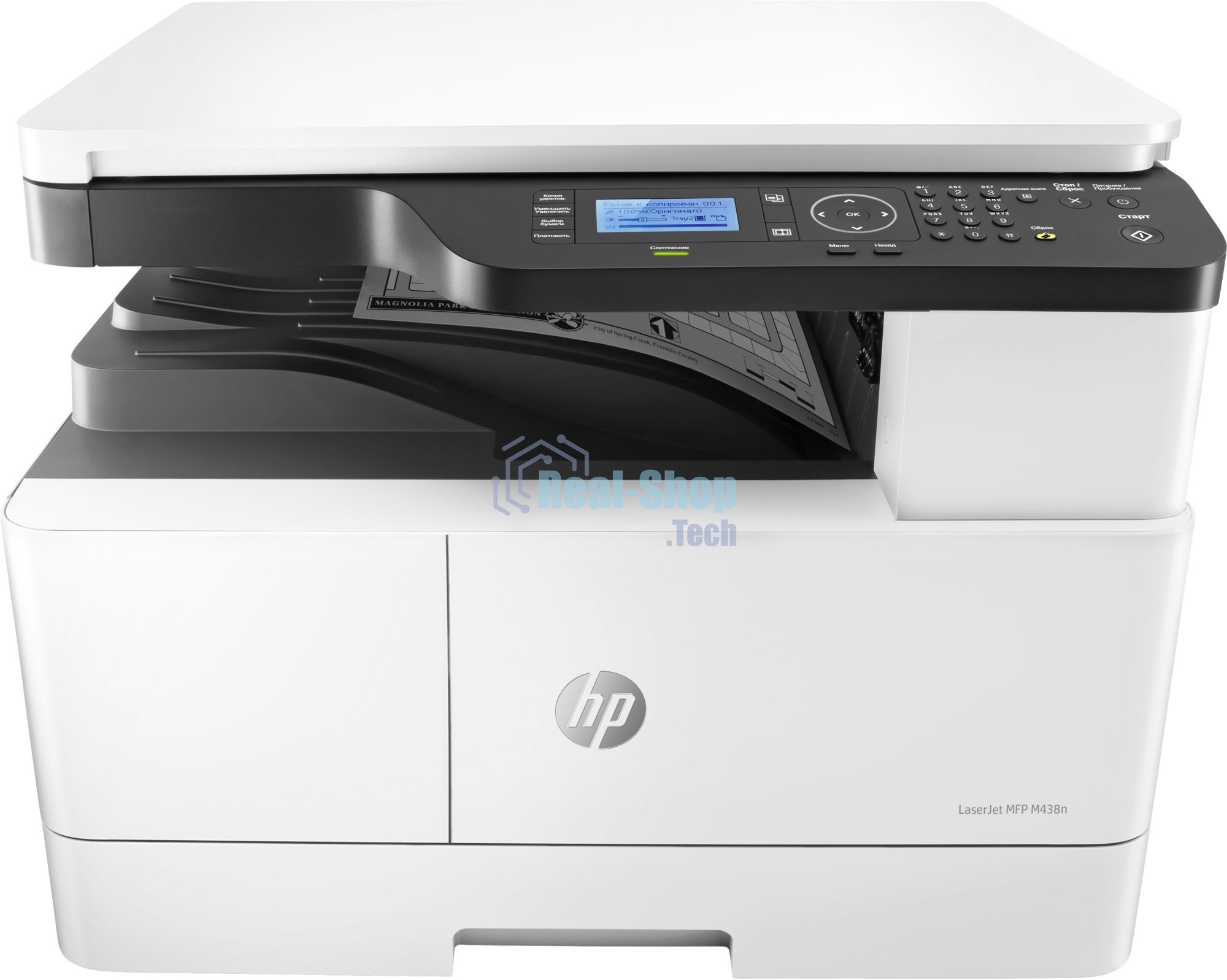 МФУ лазерное HP LaserJet MFP M438n (8AF43A), A3, ч/б, печ. до 22 стр/мин. (А4) до 12 стр/мин. (А3), 1200 x 1200 dpi (печать), 600x600dpi (скан.), USB, RJ-45