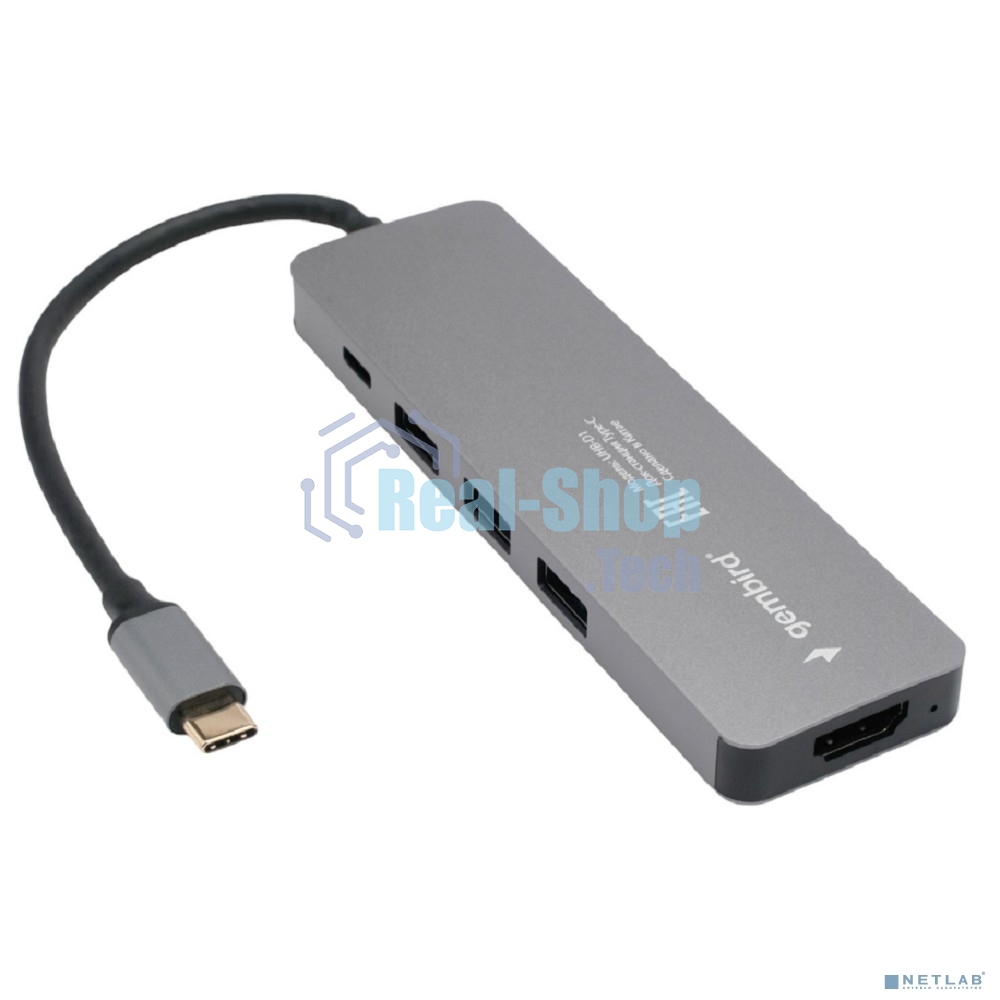 USB-концентратор Type-C Gembird UHB-D1, 5в1: 3хUSB3.1, Type-C PD100W, HDMI, кабель 17см, алюминий