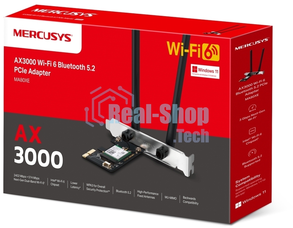 Сетевой адаптер Wi-Fi + Bluetooth Mercusys MA80XE AX3000 PCI Express (ант.внеш.несъем.) 2ант.
