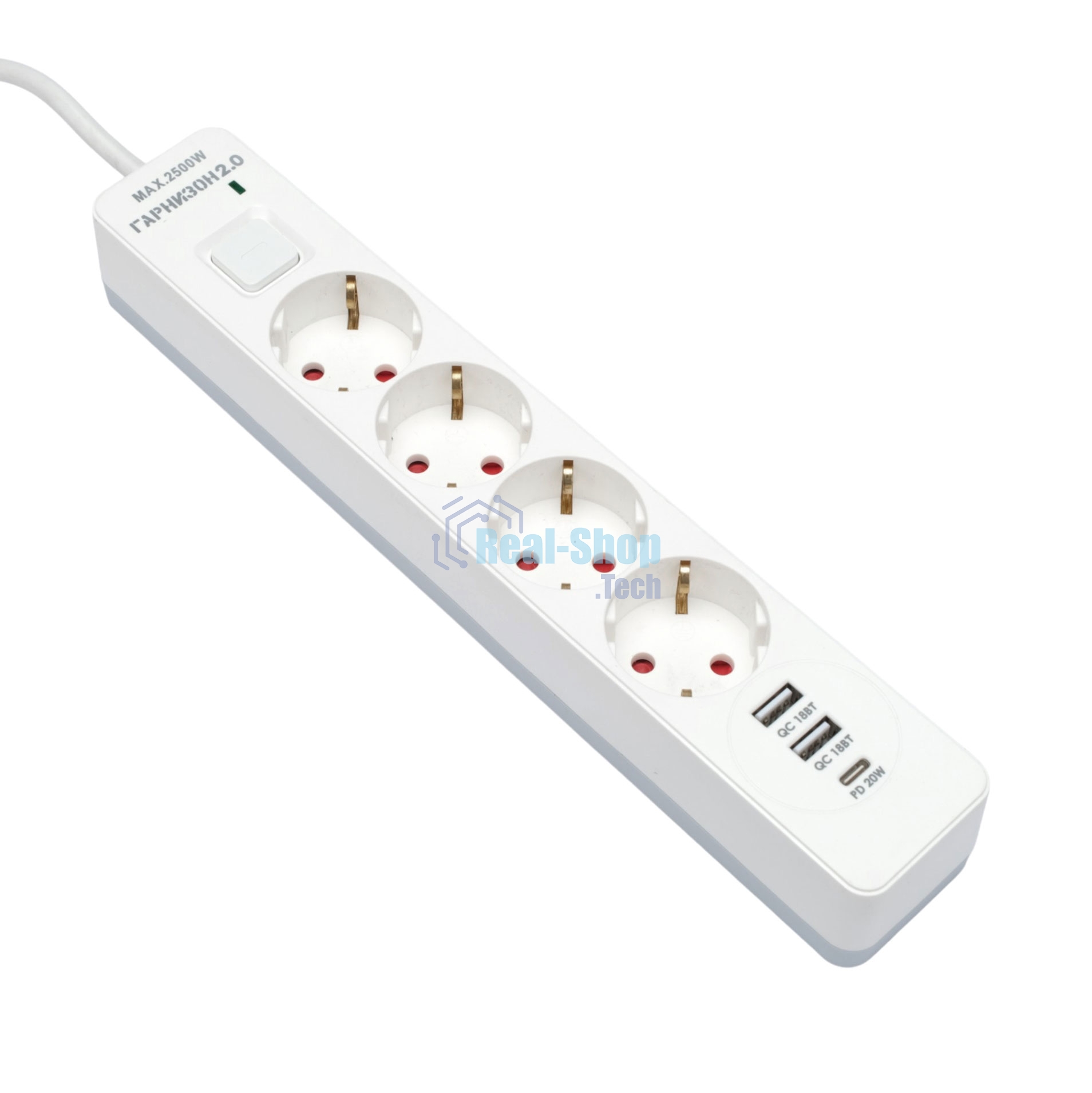 Сетевой фильтр Гарнизон EPS-OP-4-CU2-W-2 2.0 Мультипорт 4 р, 10А, 1xType-C PD, 2 х USB QC, 4 м, ур.защиты 4+, белый, пак (21449)