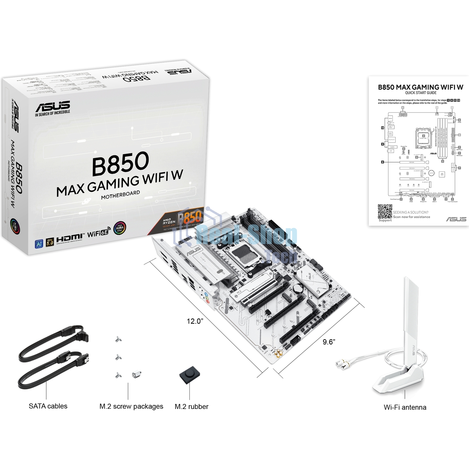 Материнская плата ASUS B850 MAX GAMING WIFI W, AM5, AMD B850, 4xDDR5, 4xSATA, 3xM.2, 1xPCIe 5.0 x16, 1xPCIe 4.0 x4, 2xPCIe 3.0 x1, 1xDisplayPort, 1xHDMI, 1x2.5Gb LAN, Wi-Fi 6E, Bluetooth 5.3, 1xUSB-C 10Gbps, 3xUSB-A 10Gbps, 2xUSB-A 5Gbps, 2xUSB-A 2.0, 3x3