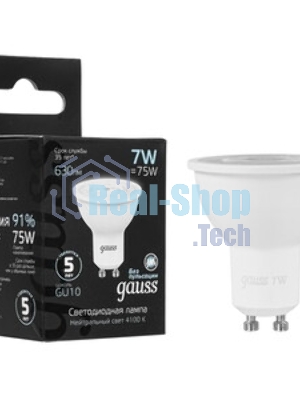 Лампа светодиодная Gauss MR16 7Вт цок.: GU10 спот 220B 4100K св. свеч. белый нейт. MR16 (упак.: 10 шт)