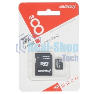 Флеш карта microSD 8Gb, Smartbuy microSDHC Class 4 (SD адаптер)