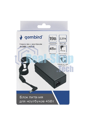 Блок питания Gembird для ноутбуков ACER, ASUS NPA-AC37, 19В/2.37А, 45Вт, штекер 3х1.1мм, коробка
