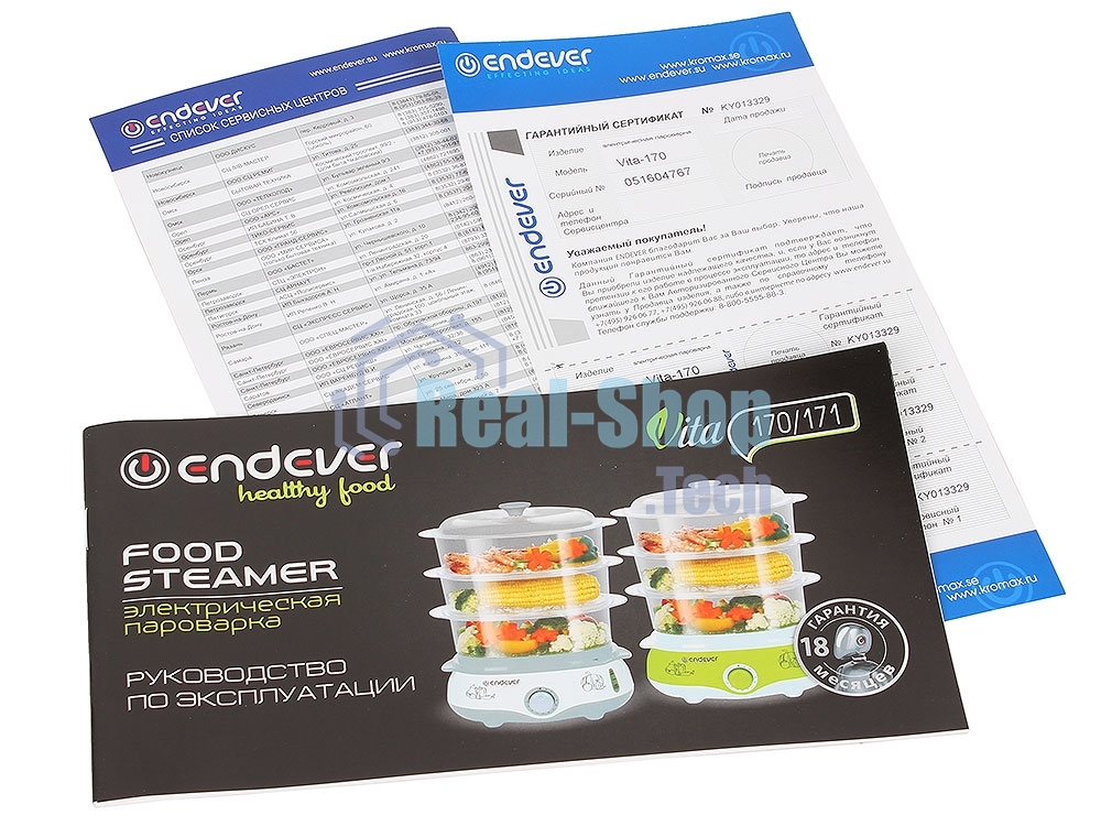 Пароварка электрическая Endever Vita-170, белый/серый, мощность 1000 Вт, объем 11 л