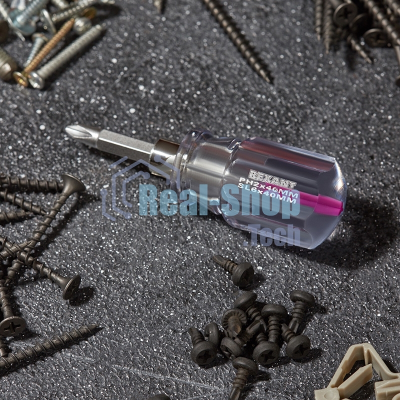 Отверткакомбинированная Rexant, прозрачная рукоятка,двухсторонний стержень 40 мм (крестовая PH 2, шлицевая SL 6 мм)