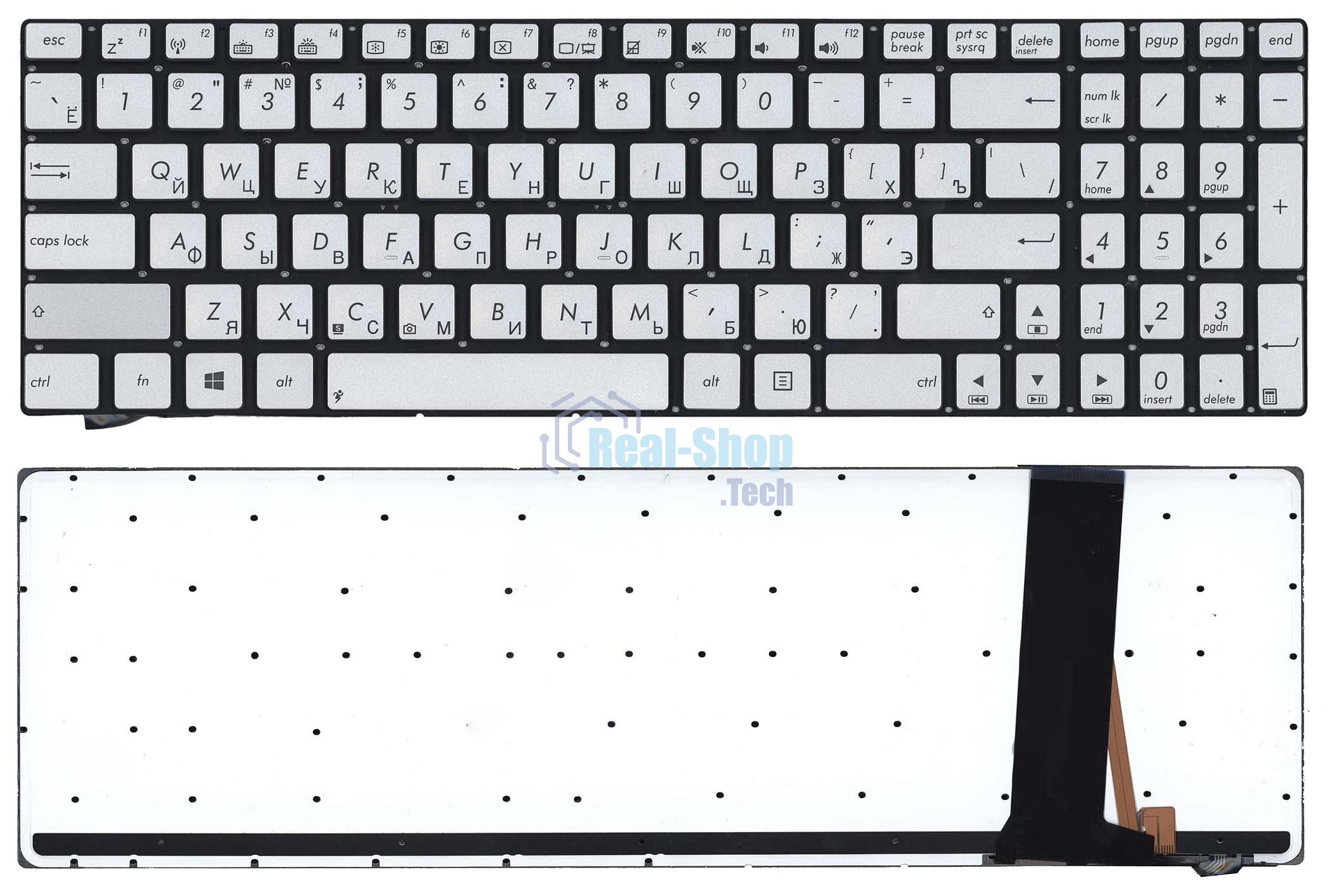 Клавиатура для ноутбука Asus N550 серебристая с подсветкой