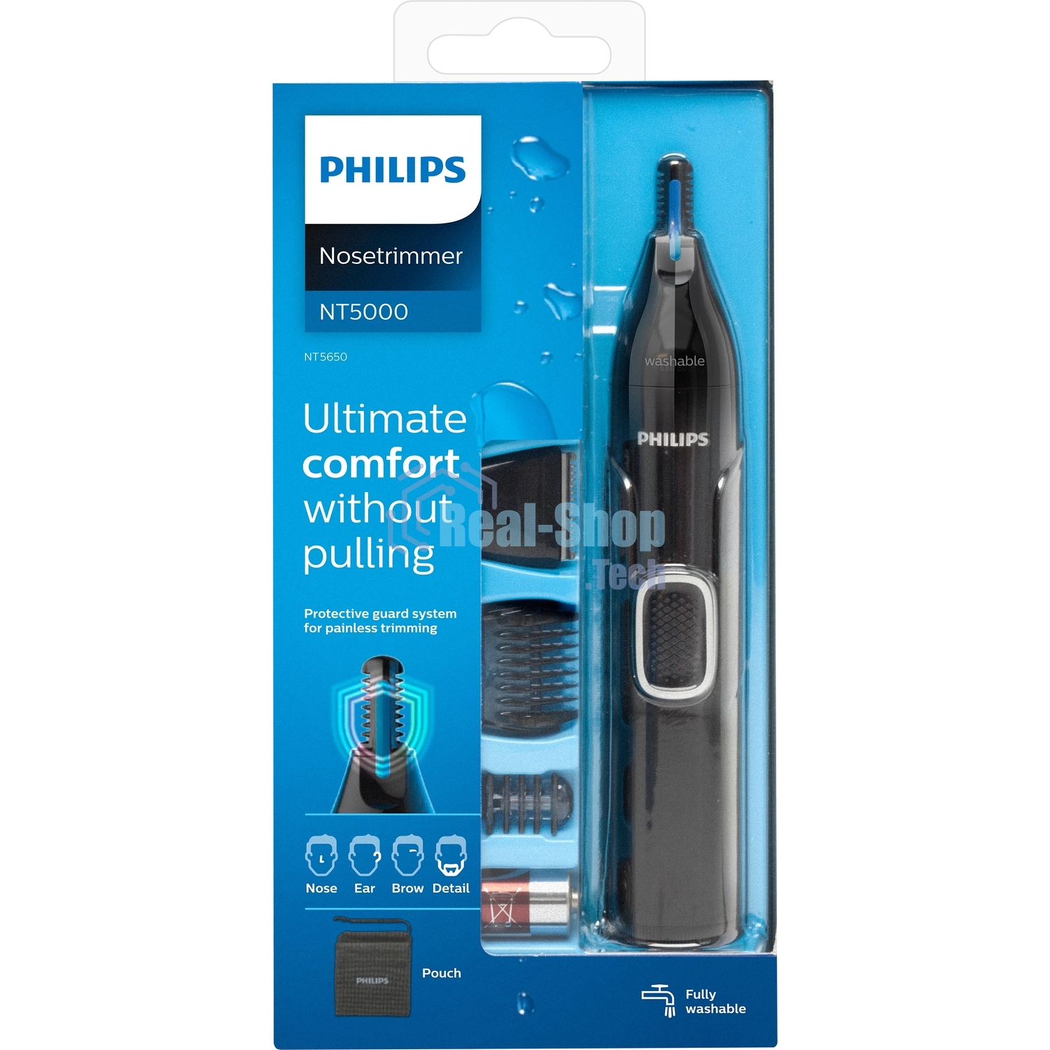 Триммер Philips для носа и ушей, черный, корпус - пластик, 3 насадки-гребня, насадка - триммер, щеточка для очистки, мягкий чехол, батарейка