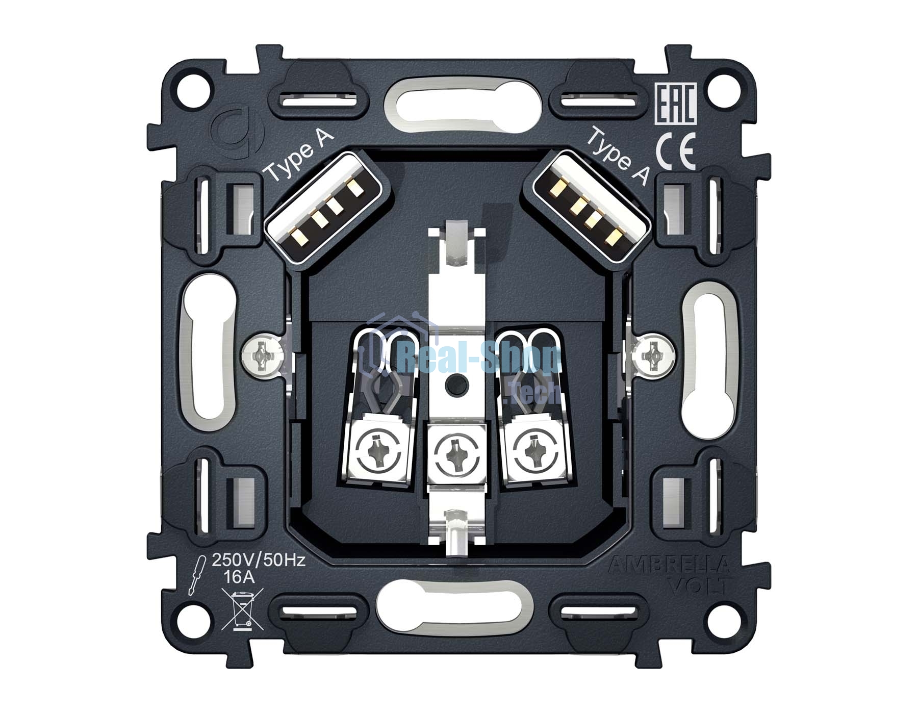 Механизм электрической розетки 2USB A+A 18W (быстрая зарядка) с/з на винтовых зажимах QUANT VM155