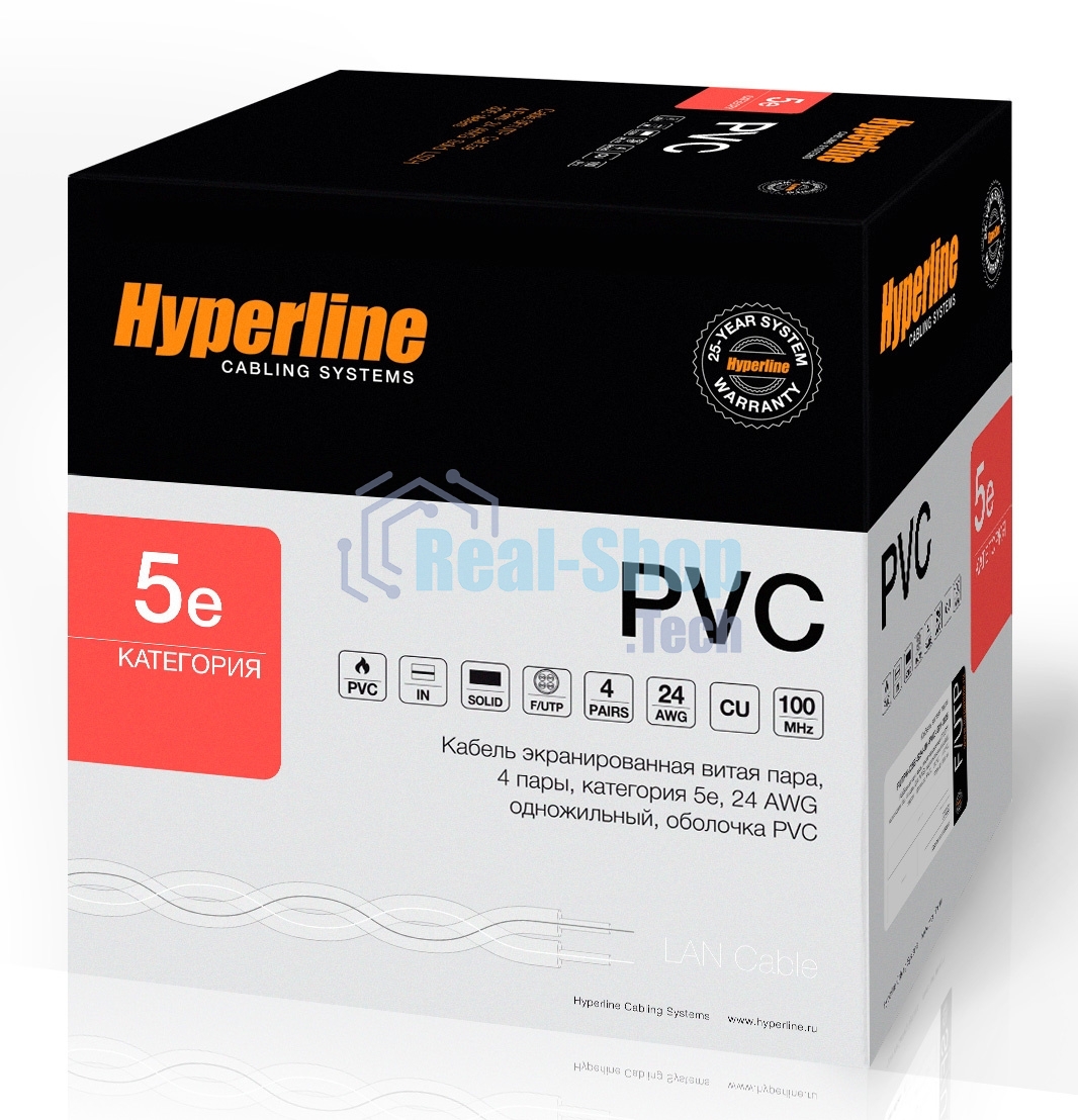 Кабель Hyperline FUTP4-C5E-S24-IN-PVC-GY-305 (FTP4-C5E-SOLID-GY-305) (305 м) Кабель витая пара, экранированная F/UTP, категория 5e, 4 пары (24 AWG), одножильный (solid), экран - фольга, PVC, –20°C – +75°C, серый - гарантия: 15 лет компонентная; 25 лет системная
