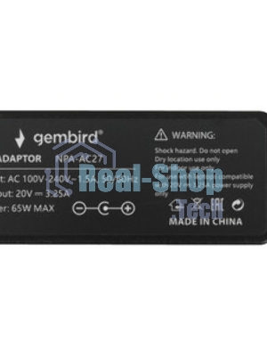 Блок питания Gembird для ноутбуков Lenovo NPA-AC27 20В/3,25А, 65Вт, штекер Flat