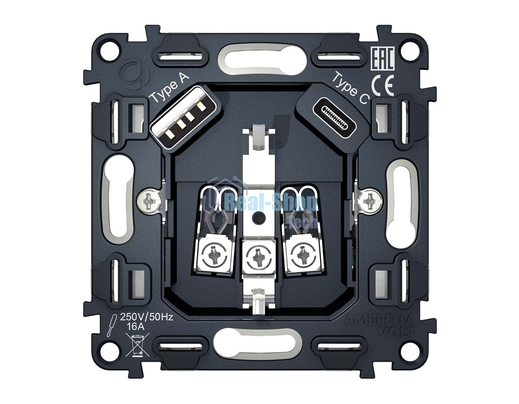 Механизм электрической розетки 2USB A+C 20W (быстрая зарядка) с/з на винтовых зажимах QUANT VM160