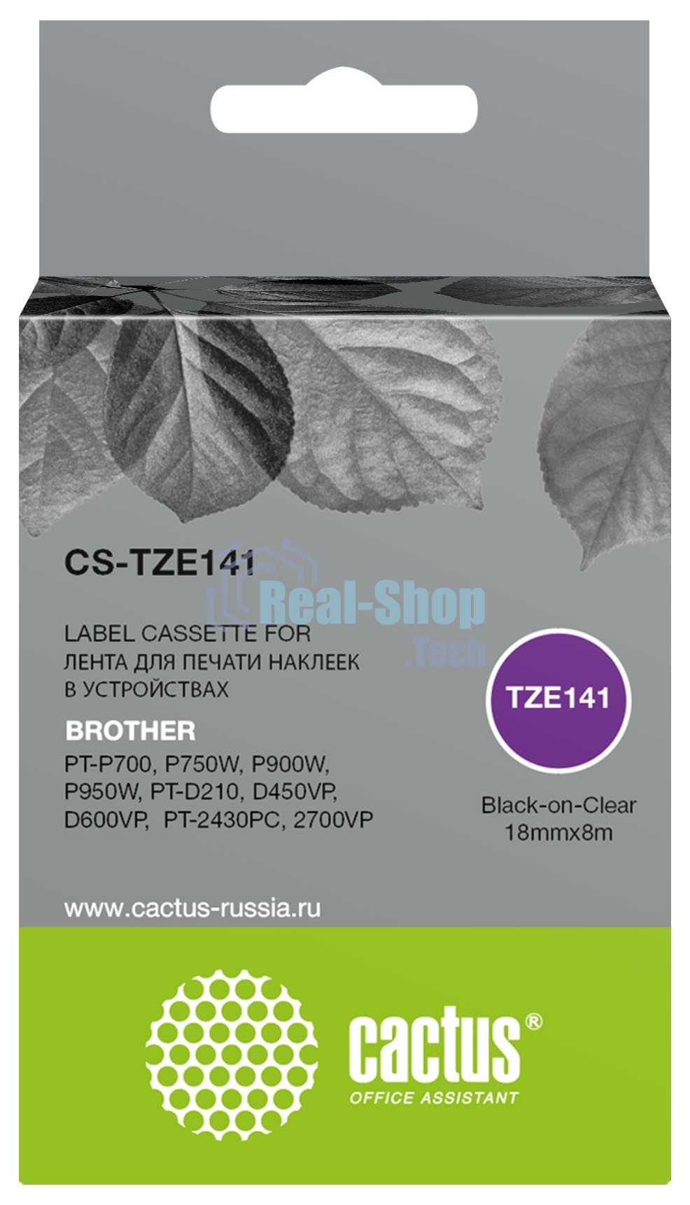 Картридж ленточный Cactus CS-TZE141 TZe-141 черный на прозрачном 18x8 для Brother PT-P700, P750W, P900W, P950W, PT-D210, D450VP, D600VP, PT-2430PC, 2700VP