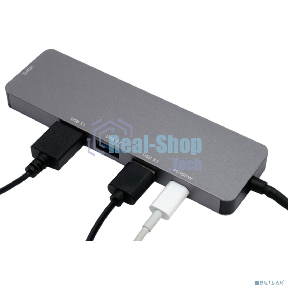 USB-концентратор Type-C Gembird UHB-D1, 5в1: 3хUSB3.1, Type-C PD100W, HDMI, кабель 17см, алюминий