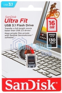 Флешка USB SanDisk CZ430 Ultra Fit (SDCZ430-016G-G46), 16Gb, USB 3.1, R/W 130/40, черный