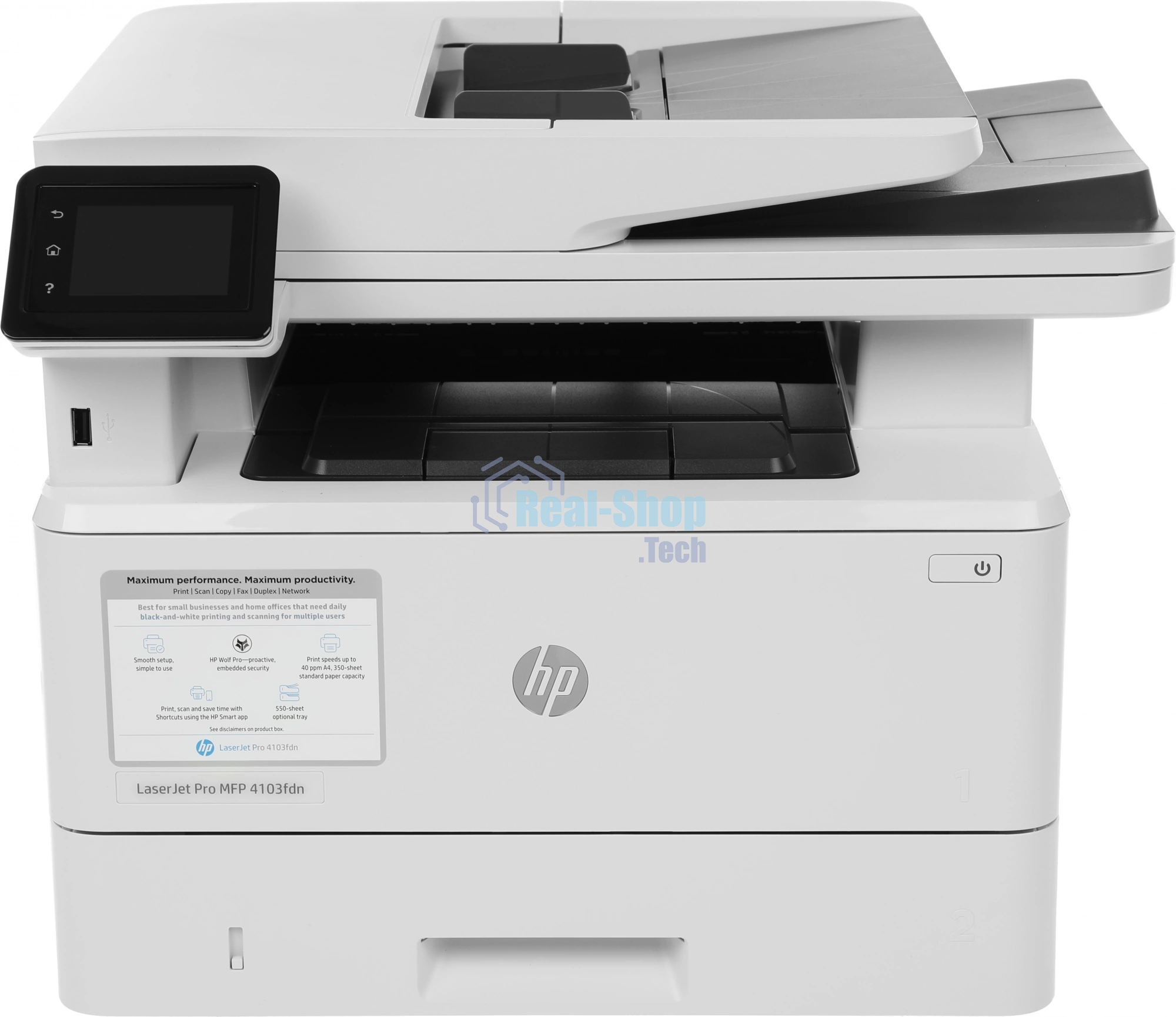 МФУ лазерное HP LaserJet Pro 4103fdn (2Z628A), A4, ч/б, печ. до 40 стр/мин., скан. до 29 стр/мин. (ч/б) 20 стр/мин. (цвет), 1200 x 1200 dpi, USB, RJ-45, Air Print, Mopria