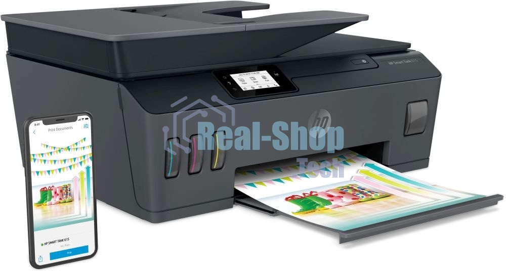 МФУ струйное HP Smart Tank 615 AiO (Y0F71A), A4, цветной, печ. до 22 стр/мин. (ч/б) до 16 стр/мин. (цвет), скан. до 5 стр/мин. (ч/б) 3 стр/мин. (цвет), 1200 x 1200 dpi (ч/б печать, скан.) 1200 x 4800 dpi (печать цвет), USB, Wi-Fi, BlueTooth, Air Print, Mopria