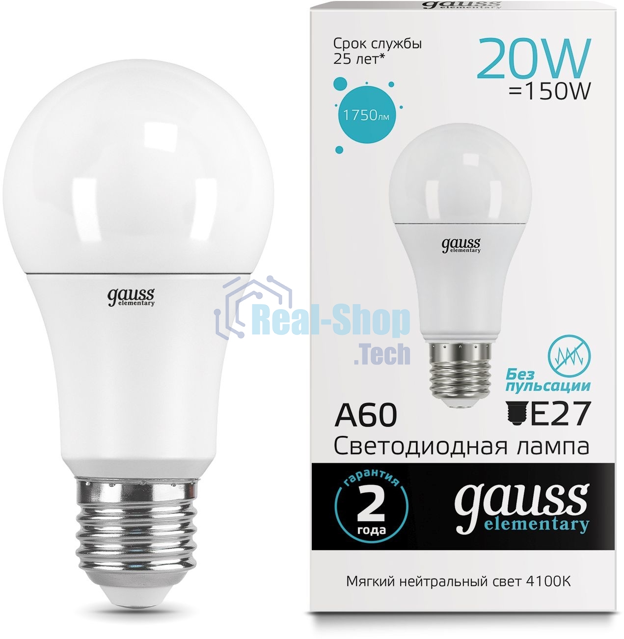 Лампа светодиодная Gauss Elementary 20Вт цок.:E27 груша 220B 4100K св.свеч.бел.нейт. A60 (упак.:10шт) (23229)